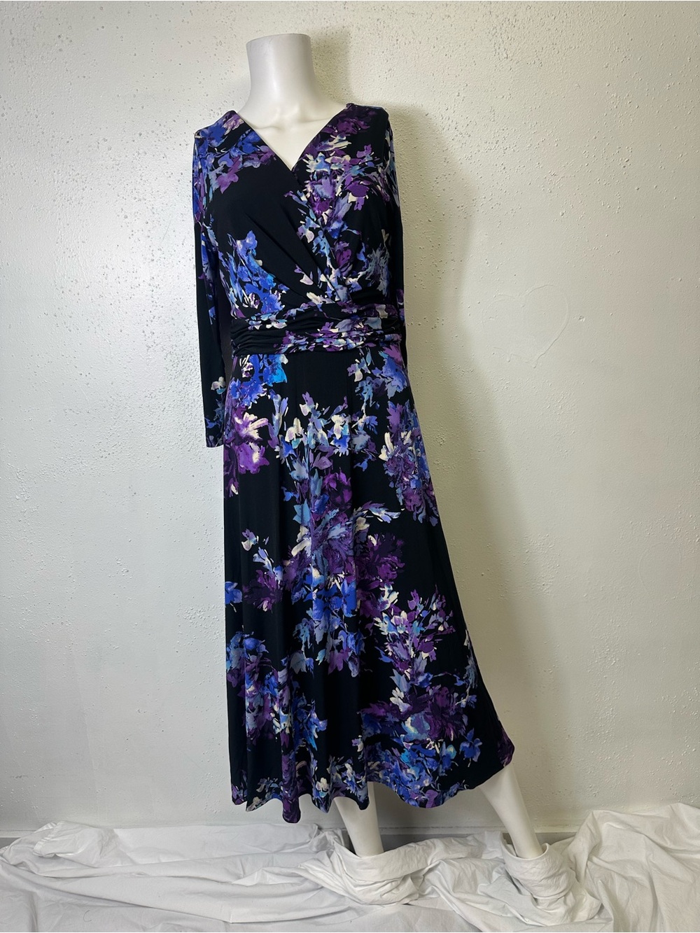 Chetta B Black Floral Wrap Midi Dress with Purple and Blue Blooms
